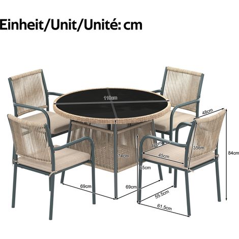 Salon de jardin moderne rotin : table ronde verre + 4 fauteuils, cadre fer, pour terrasse et balcon