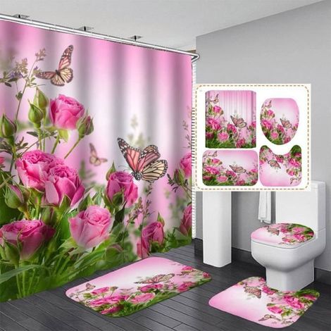 Ensemble de Salle de Bain - Luxueux - 4 Pièces - Rideau de Douche 3D - Étanche - Roses avec Papillons