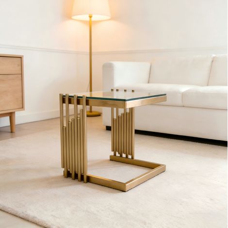 Table basse carrée 41 x 41 x 46 cm en verre trempé et acier inoxydable doré DESVIAE (1/5)