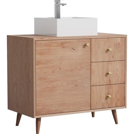 Mobile da bagno in rovere massello con lavabo da appoggio quadrato e rubinetto Naturale chiaro 93 cm - ZARENO