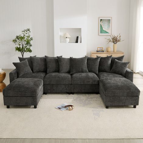 Canapé d'angle modulable en U/L 4 places avec 2 poufs, port USB/Type-C, 8 coussins de dossier réglables, tissu chenille, gris (1/5)