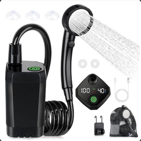 Douche Camping, Douche Portable, Pompe de Douche Électrique Rechargeable, Pommeau de Douche 6000mAh,avec Afficheur Intelligent, Kit Douche de Camping 4 Modes pour Camping, Randonnée, Voyage