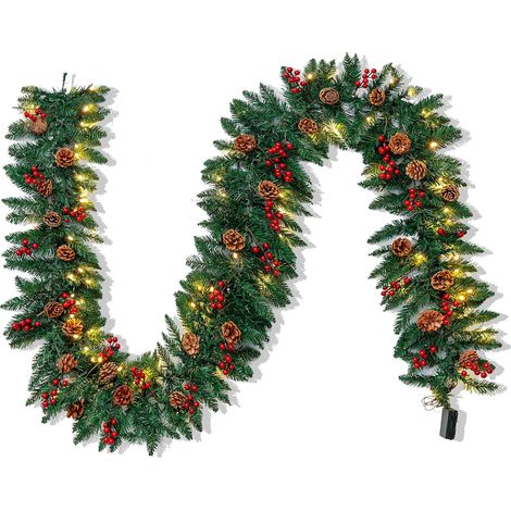 Guirlande de Noël artificielle de 2,74 m (9 pieds) avec 100 lumières LED, 27 pommes de pin et 27 baies rouges pour la décoration de Noël de la maison et du bureau (fonctionne sur piles, piles non incl (1/5)