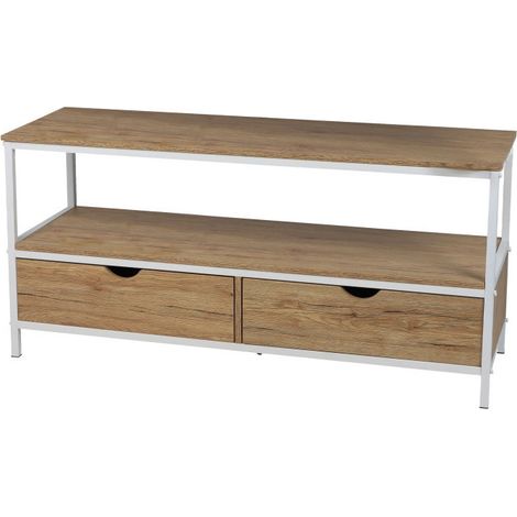 Meuble TV 2 tiroirs 120x39x57 cm en bois et métal blanc - TETRI (1/4)