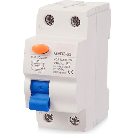 Disjoncteur différentiel : disjoncteur FI RCD 2 pôles 40 A Disjoncteur différentiel 30 mA Installation FI/LS Interrupteur automatique Disjoncteur automatique à un bouton (interrupteur FI 2 pôles 40 A) (1/5)