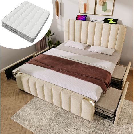 Polsterbett 215x147x101 cm, USB Typ C Ladefunktion, 4 Schubladen, Metallstreifen, Leinen, Beige, mit Matratze (1/5)