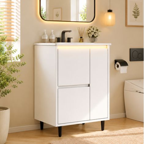 Meuble de salle de bain avec lavabo céramique 61 x 46,5 x 87 cm blanc OKWISH (1/5)