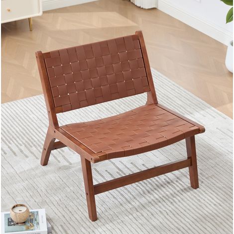 Poltrona relax senza braccioli, intreccio a scacchi, struttura in legno, PU marrone (1/5)