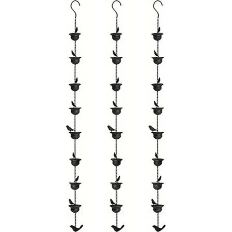 Lot de 3 chaînes de pluie pour gouttières mobiles Motif oiseaux sur tasses Carillon de pluie 2,5 m avec crochet attaché et oiseaux