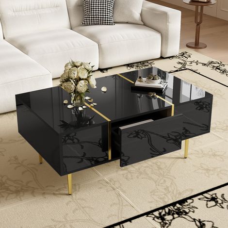 table salon rangement 100 cm 2 tiroirs noir brillant HAVRYA (1/5)