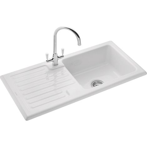 Rangemaster Rustic Kitchen Sink Single Bowl White Ceramic Inset Reversible Waste (1/5)