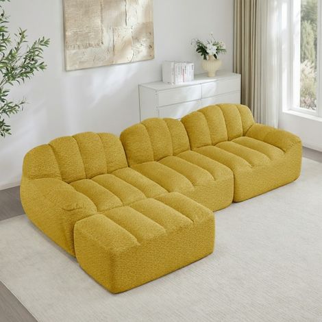 Canapé Modulaire 3 Places avec Pouf, Canapé sans Structure Mousse 32D Haute Densité, Assise Profonde, Tissu Velours Côtelé, Jaune (1/5)