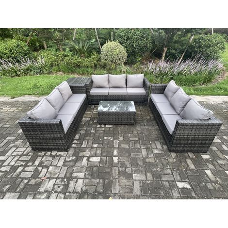 Fimous 9 Seater Outdoor Lounge Sofa Set Wicker PE Rattan Garden Furniture Set with Oblong Coffee Table Side Table Dark Grey Mixed (1/5)