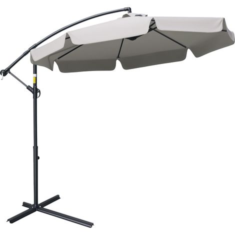 Parasol de jarden 2,7 x 2,7 m avec toile réglable, pied en croix, aérations, manivelle, enclenaison décentrée, en métal et polyester, pour terrasse ou patio, gris clair