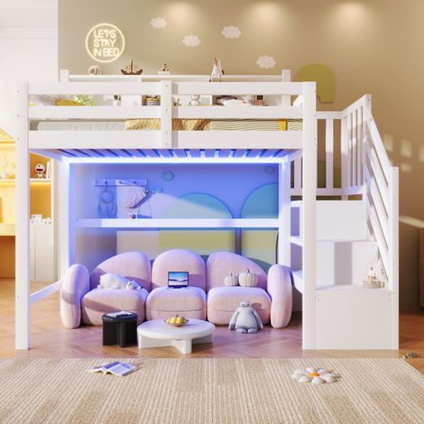 Lit mezzanine 90x200 cm avec éclairage LED, grand espace de stockage, échelle avec rangement, Pin,blanc (1/5)