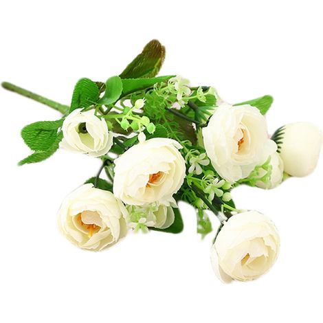 Ramo de flores artificiales de camelias blancas, con acabado realista de seda y plástico, para la decoración de interiores del hogar o la oficina. (1/5)