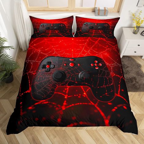 Parure de lit avec housse de couette de 135 x 200 cm - Motif nid d'abeille - Pour enfant - Motif manette de jeu vidéo - Avec fermeture éclair - Décoration de chambre à coucher - Rouge (1/5)