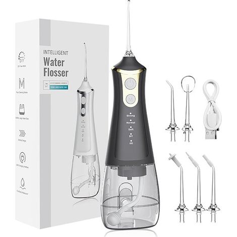 Irrigateur Buccal Rechargeable Professionnel - Noir - 5 Buses 4 Moduses Irrigateur - pour L'entretien des Appareils Dentaires à la Maison & en Voyage (1/5)