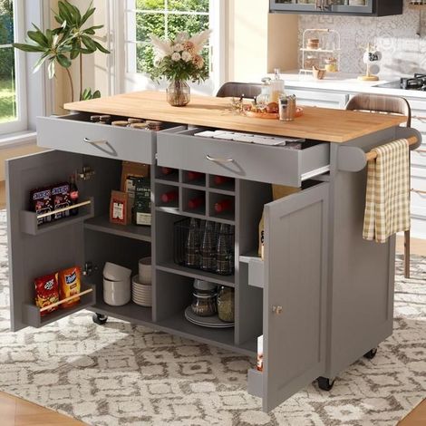 Îlot de cuisine mobile - KOMHTOM - 102x45x92 cm - tiroirs & casier à vin - plan de travail bois - rangement réglable roulettes (1/5)