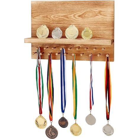 Medal Display Stand Trophy Shelf Wooden Wall Mount Medal Display Stand with Hooks for Athletes Sports Fans Gymnastics Plates Decoration 40 x cm (1/5)