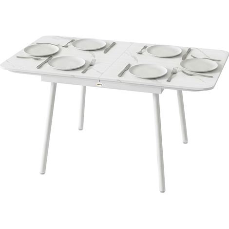 Rechteckiger Gartentisch für 4-6 Personen, Tischplatte aus WPC-Verbundholz, weißes Metallgestell, verstellbare Beine, 140 x 80 x 75 cm