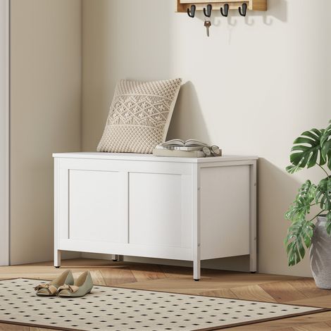 Coffre de rangement pour chambre 95 L avec couvercle, banc de rangement avec charnière de sécurité, 80 x 40 x 50 cm, aspect bois blanc