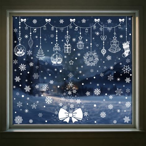 Autocollants de Noël, autocollants du Nouvel An russe, silhouettes de villes blanches, scènes d'hiver enneigées, autocollants de flocons de neige pour fenêtres.