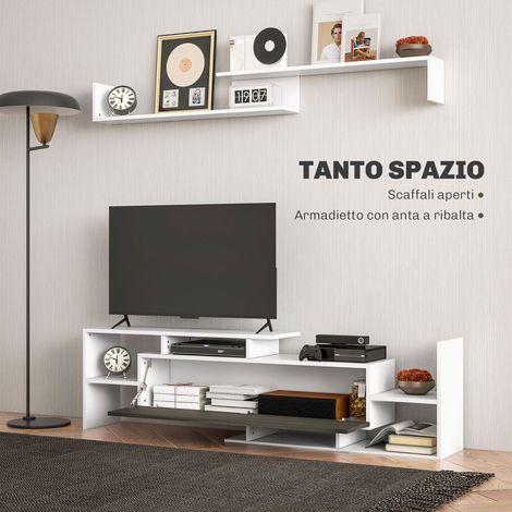 Mobile TV con Mensola a Muro, Ripiani Aperti e Armadietto in Legno, Bianco e Nero (1/5)
