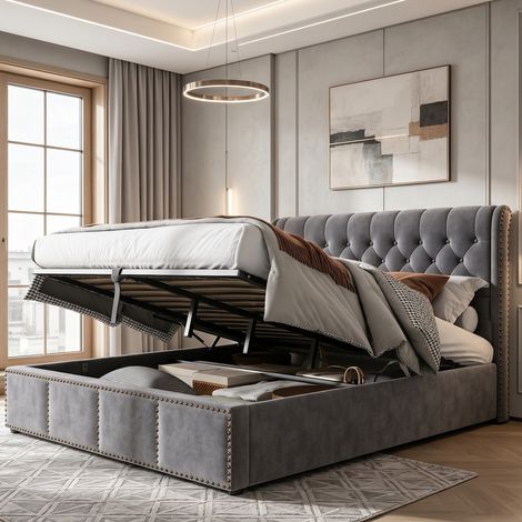 Lit adulte 160x200cm - coffre de rangement - velours - tête de lit capitonnée (1/5)