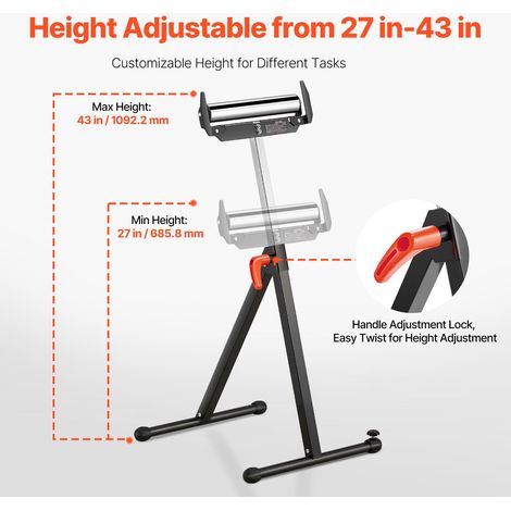 Lot de 2 supports à rouleaux pliables, charge 113 kg, hauteur réglable 686-1092 mm, tête rouleau acier poli et guides (1/5)