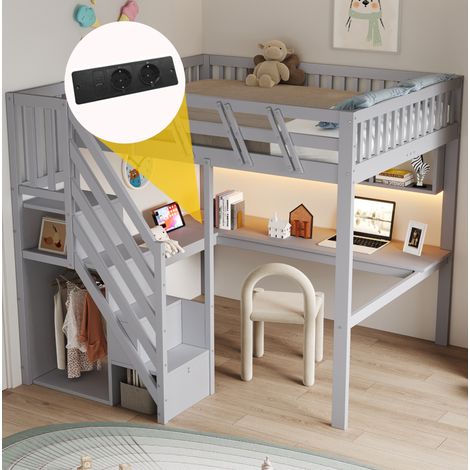 MODFU – Cama alta infantil 140x200 cm de pino/MDF con escritorio, escalera de almacenamiento, LED, enchufes USB y carga 150 kg – Gris (1/5)