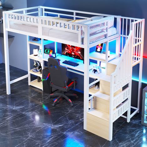 Hochbett 90 x 200 Cm Mit Schreibtisch, Stauraum, USB Und LED, Ohne Matratze, Aus Metall, Weiß