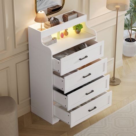 Commode 73x39,5x114cm Chiffonnier 4 Tiroirs avec LED RGB Moderne en Bois pour Chambre Salon Vestiaire - Blanc (1/5)