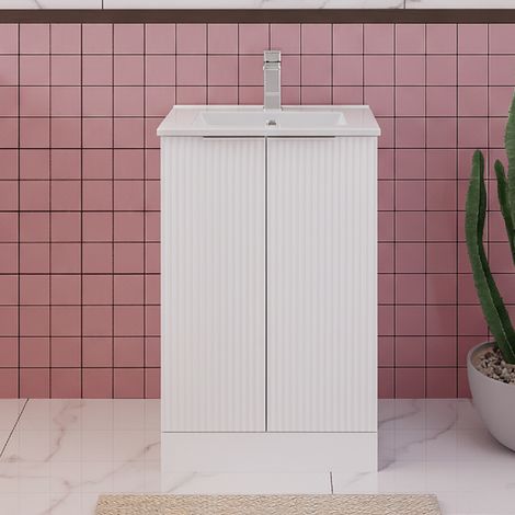 Hudson Reed Fluted Floor Standing 2-Door Vanity Unit with Basin 2 500mm Wide - Satin White (1/5)
