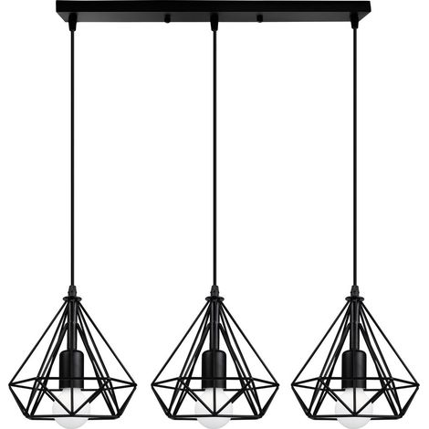 Pendelleuchte Diamant, 3 Flammig Hängelampe mit Ø20cm Käfig, Vintage Eisen Kronleuchter für Wohnzimmer Esszimmer (Schwarz)