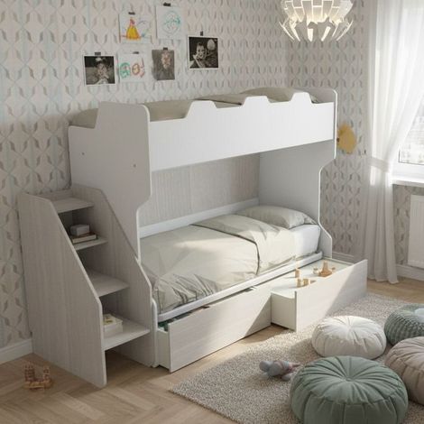 Letto a castello salvaspazio con terzo letto estraibile e scala laterale - Ideale per camerette - Bianco e rovere rock (1/5)