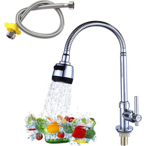 Robinet de Cuisine Avec Tuyau de Raccordement de 60 cm, Mitigeur d'Évier Cuisine, Rotatif à 360° Robinet Evier, avec Barboteur et Couche Filtrante (Seulement Eau Froide) (1/5)