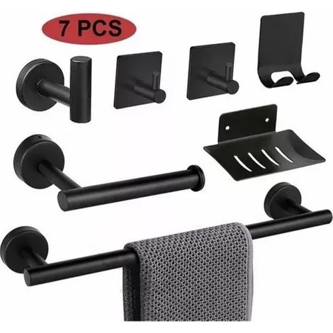 Set mit 7 schwarzen Haken aus Edelstahl 304, robuste Klebehaken, Türhaken, Stifte, perforierte Metallhaken, Papierhandtuchhalter, Handtuchstangen, Badezimmeraccessoires (1/5)