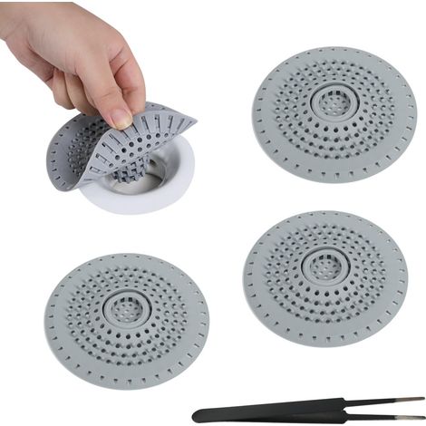 3 Pcs Attrape Cheveux Douche en Silicone avec Pince à Épiler, Filtre Baignoire Anti Cheveux Universel, Installation Facile, Salle de Bain Accessoire Universel pour Baignoire/Douche/Cuisine (Gris) (1/5)