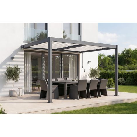 Pergola bioclimatique 4x3 adossée AGOSTA hauteur 250cm - Aluminium gris lames blanches (1/5)