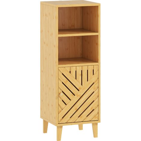 Meuble de salle de bain, unité de rangement avec 1 compartiment fermé et 2 compartiments ouverts, 32 x 30 x 90 cm, aspect bois. (1/5)