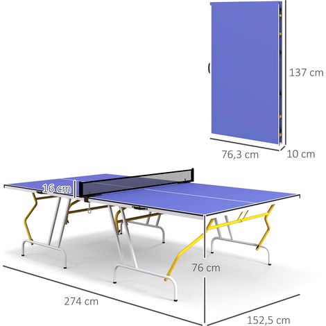 Table de ping-pong pliante, comprenant 2 raquettes, 3 balles et un filet. Usage intérieur. Cadre en métal. Dimensions : 274 x 152 x 76 cm. Couleur : bleue. (1/5)