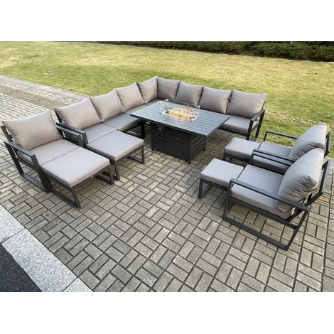 Fimous Aluminium 14 Seater Lounge Corner Sofa Outdoor Garden Furniture Sets Gas Fire Pit Dining Table Set Dark with 3 Chairs 2 Big Footstools 2 Small Footstools Grey (1/5)