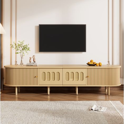 TV Lowboard (180 x 40 x 40 cm), für Fernseher bis 75 Zoll, mit 2 Türen und 2 Rollläden, MDF, helle Holzfarbe (1/5)