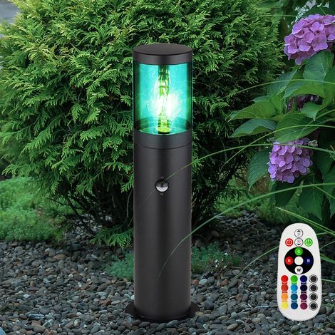 LED Sockelleuchte dimmbar mit Fernbedienung Außen Stehlampe mit Bewegungsmelder Außenleuchte Edelstahl, RGB Farbwechsel, schwarz rauchfarben, 1x 8,5W 806lm warmweiß, DxHxB 14x50x10,2cm