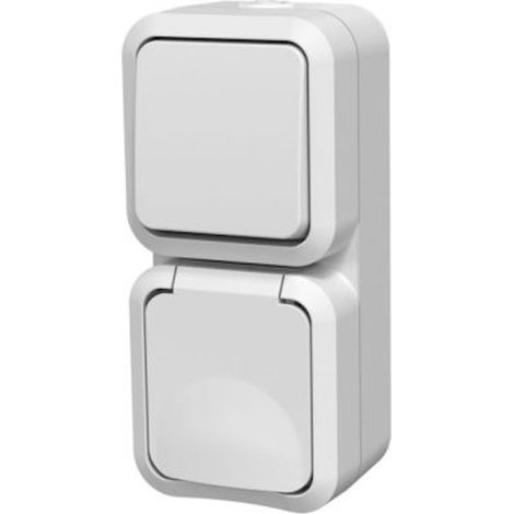 QUARX Double va-et-vient avec prise verticale étanche blanche IP55 - commande et alimentation extérieure