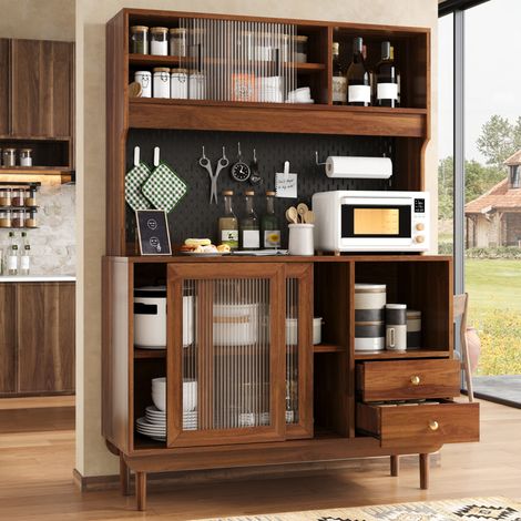 Credenza da cucina 117x30x170 cm, 4 ante scorrevoli in vetro scanalato, 2 cassetti, MDF noce (1/5)