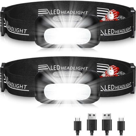 Headlamp, [Pack of 2] Ultra Powerful Rechargeable LED Headlamp with 3 Modes, White Light and IPX4 Waterproof, 60° Adjustable Running Head Torch Lamp for Adults/Children (1/4)