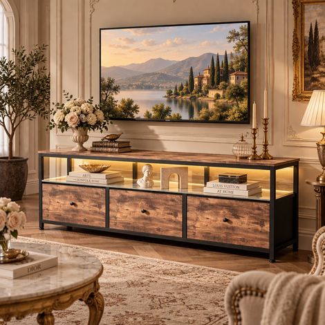 Meuble TV style industriel – Meuble TV de rangement – Meuble bas pour salon – Éclairage LED – Espace de rangement modulable