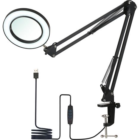 GARRYFIZH Lampe de Table Flexible à Pince avec Loupe 8X,Bras Orientable,LED Dimmables,3 Modes de Couleur et 10 Niveaux de Luminosité